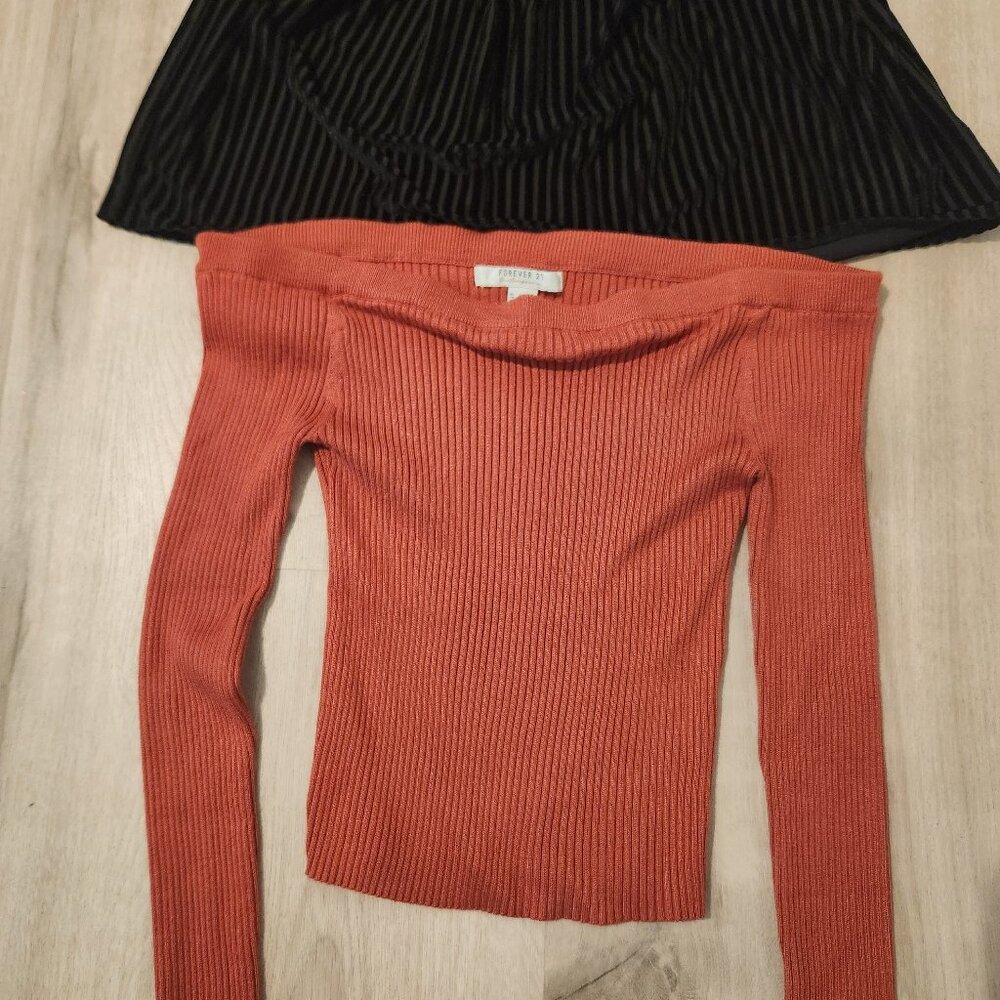 Forever 21, Off Shoulder Long Sleeve Rust colored Sweater and Black Midriff Top